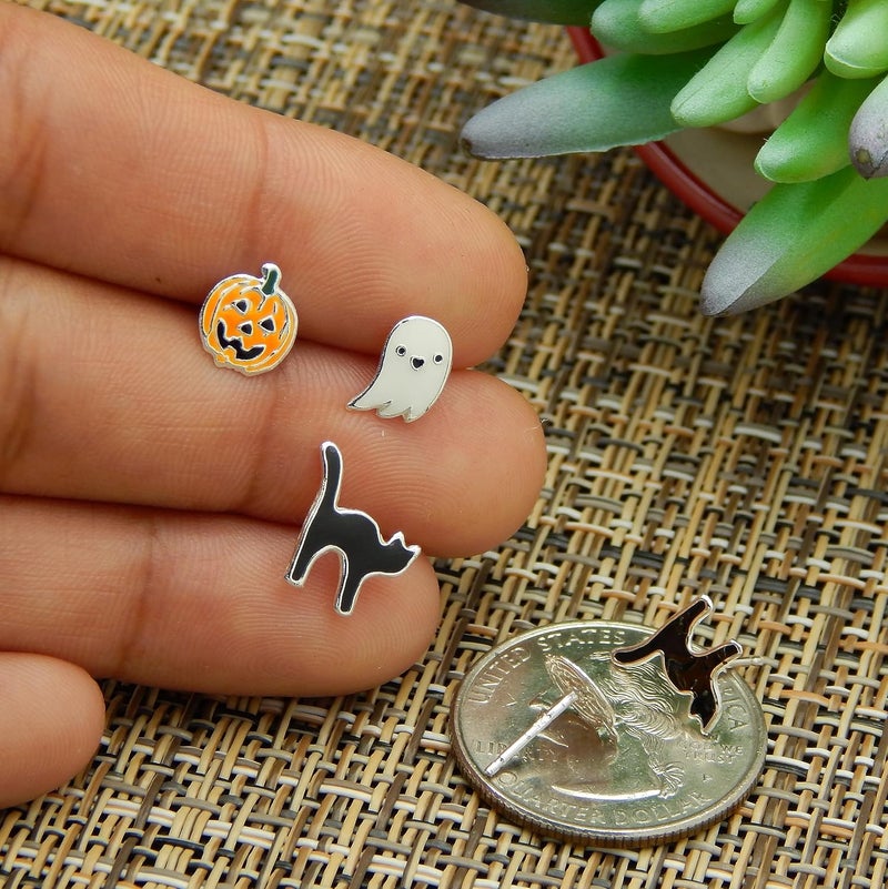 ICYROSE 925 Sterling Silver NEW Set of 3 Pairs Halloween Ghost Black Cat and Jack Pumpkin Stud Earrings (Nickel Free) - Image 3